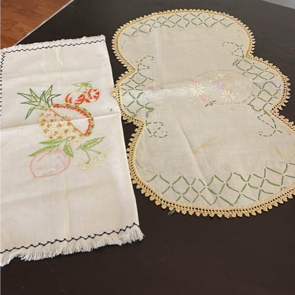 Hand-Embroidered Cotton Table Linens in White and Cream